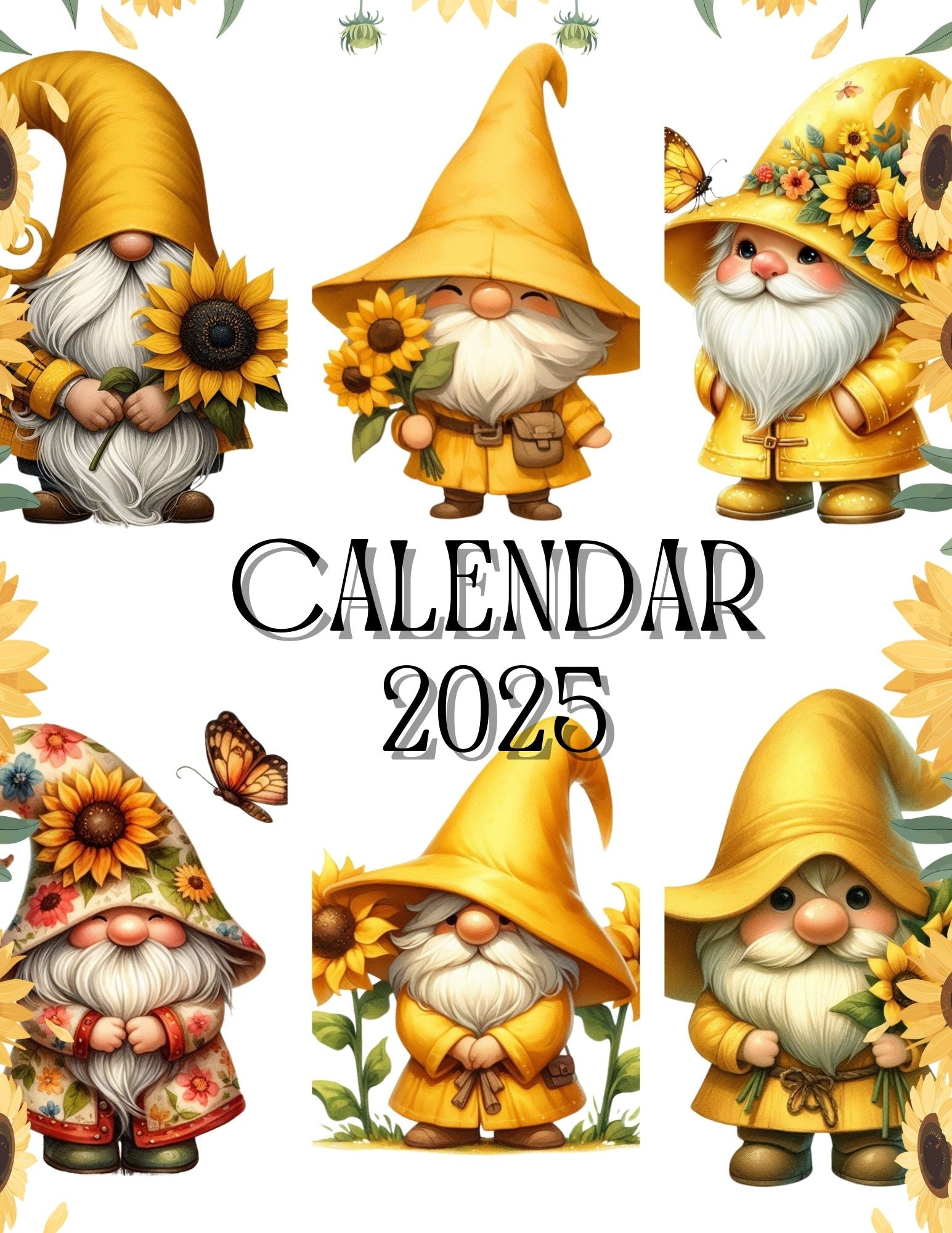 2025 Sunflower Gnome Monthly Calendar