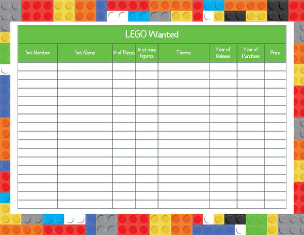 Lego Tracker Sheets (light colored lego background)