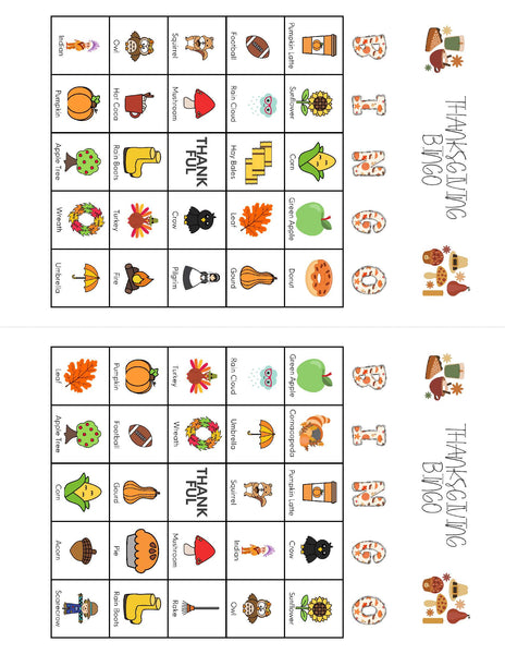 Fall Thanksgiving Bingo 2 cards per page