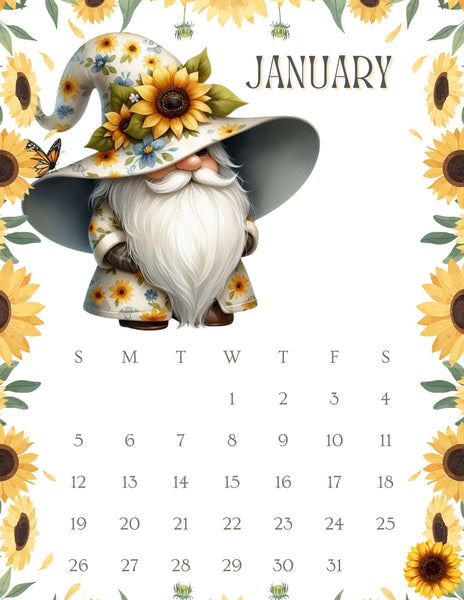 2025 Sunflower Gnome Monthly Calendar